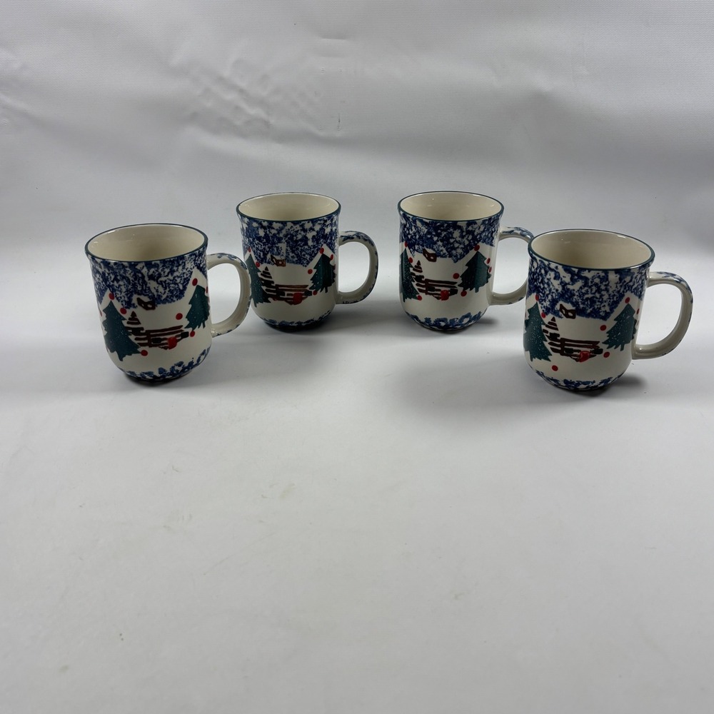 Folkcraft Cabin in the Snow Coffee Mug Set of 4 Blue Sponge Christmas Tienshan